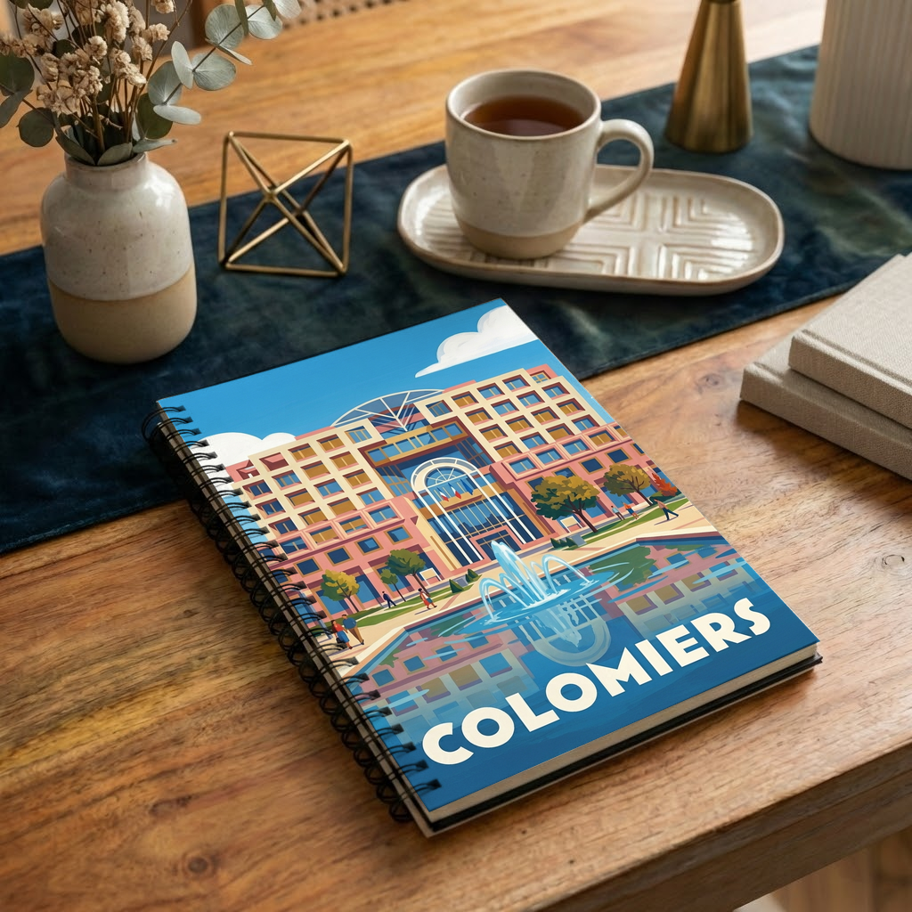 Carnet souvenir de la ville de Colomiers avec une illustration stylisée et colorée.