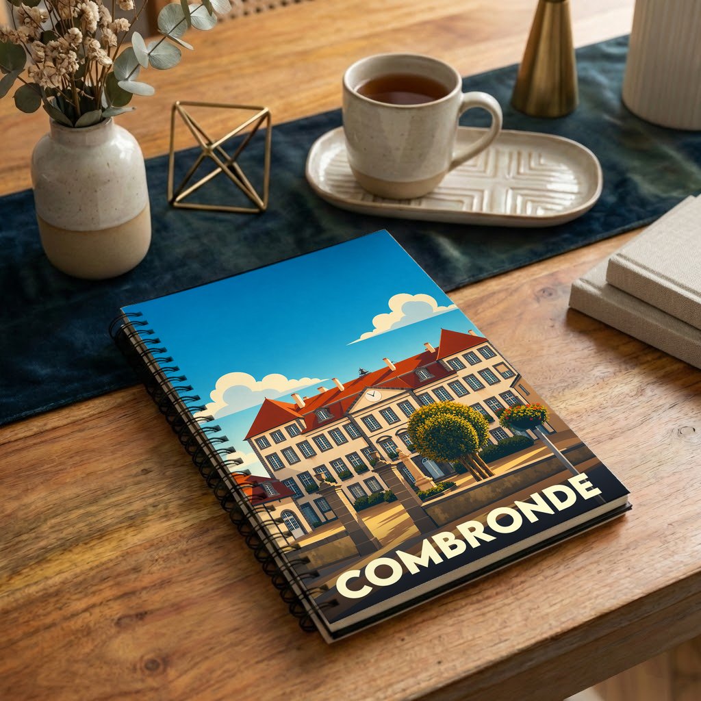 Carnet à spirales souvenir de la ville de Combronde avec une illustration stylisée de sa mairie.