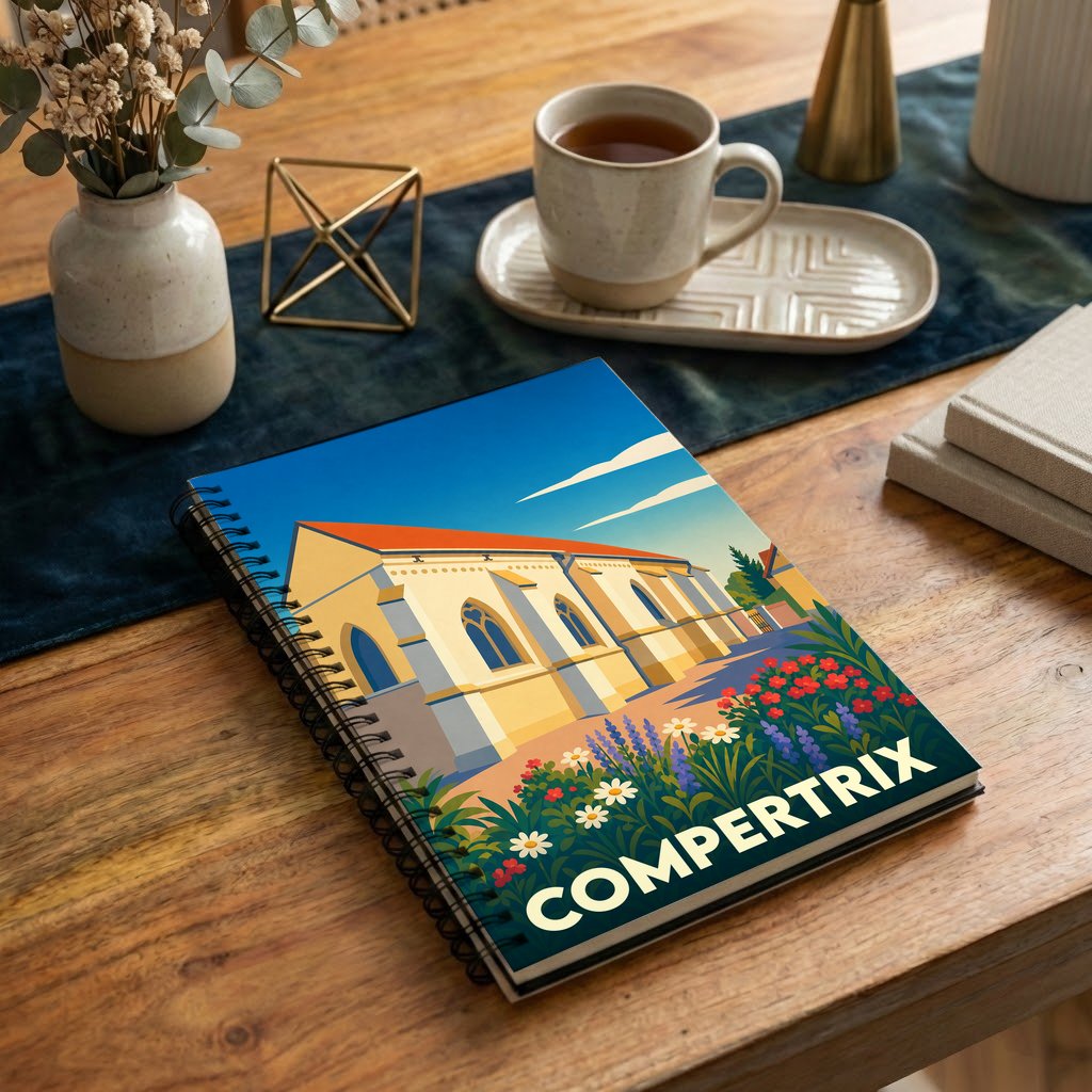 Carnet souvenir de la ville de Compertrix avec une illustration colorée et stylisée de son église.