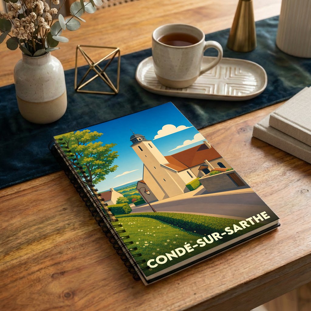 Carnet à spirales souvenir de la ville de Condé-sur-Sarthe avec une illustration stylisée.