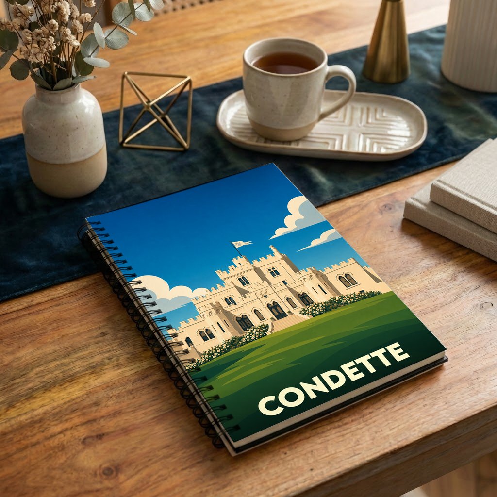 Carnet à spirales souvenir de la ville de Condette avec une illustration stylisée de son château.