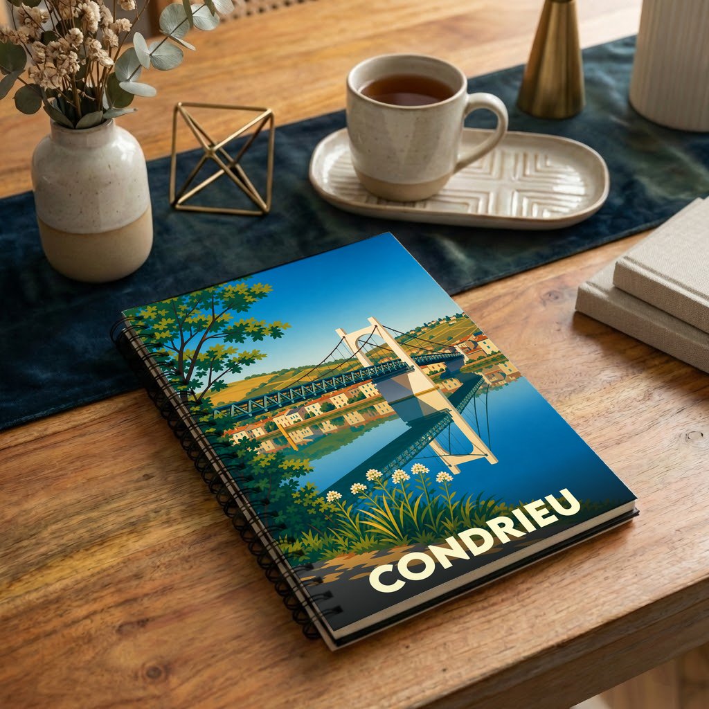 Carnet à spirales souvenir de la ville de Condrieu avec une illustration stylisée d'un pont suspendu.