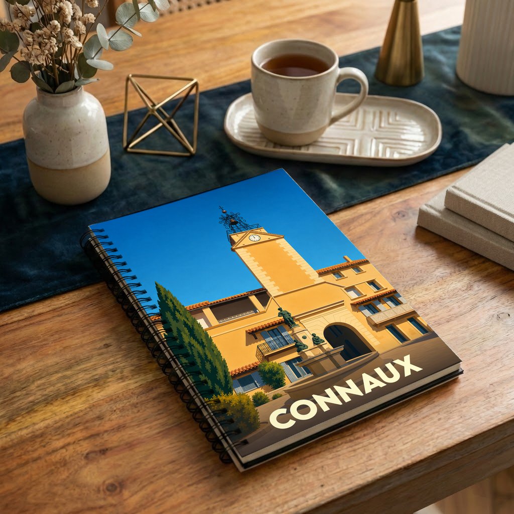 Carnet à spirale souvenir de la ville de Connaux avec une illustration stylisée de son clocher.