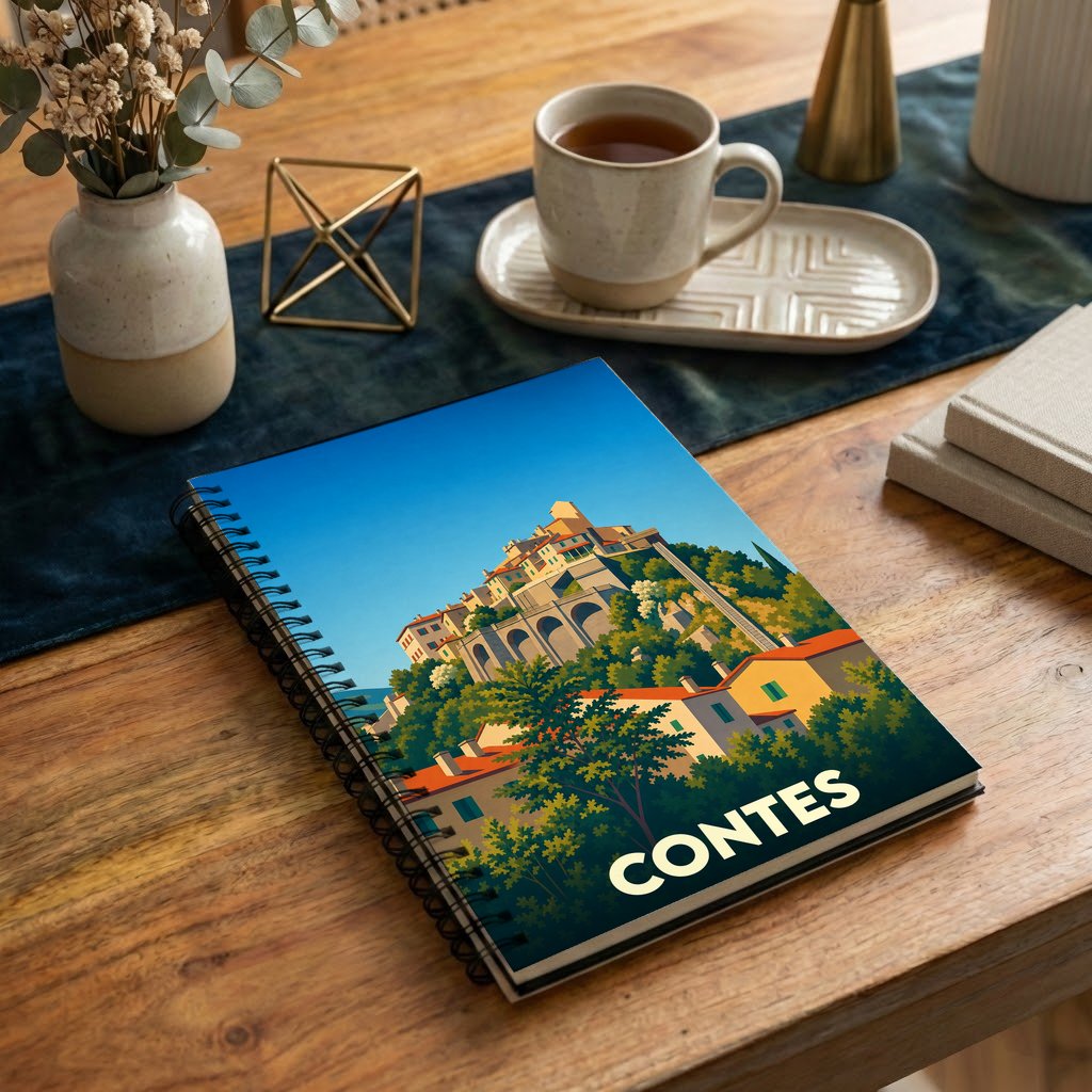 Carnet souvenir de la ville de Contes avec une illustration stylisée.