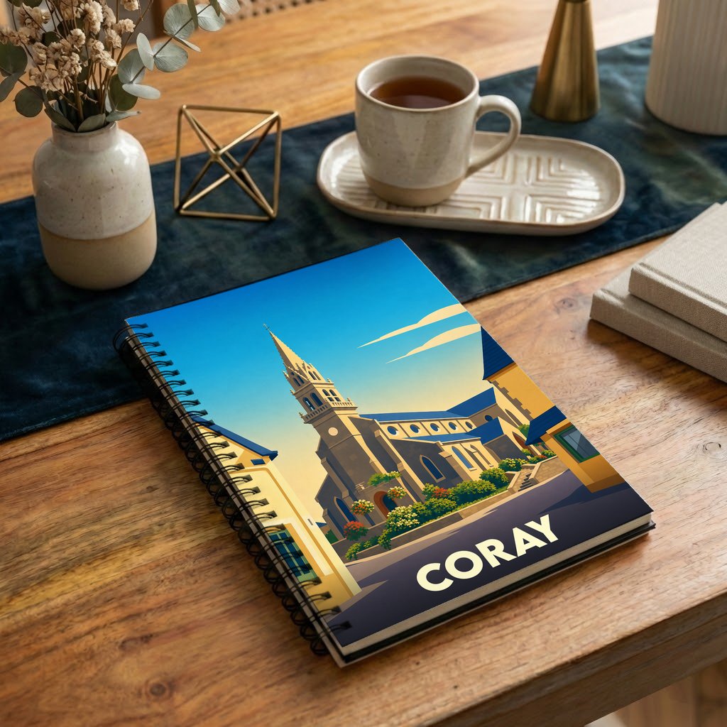 Carnet à spirales souvenir de la ville de Coray avec une illustration stylisée de son église.