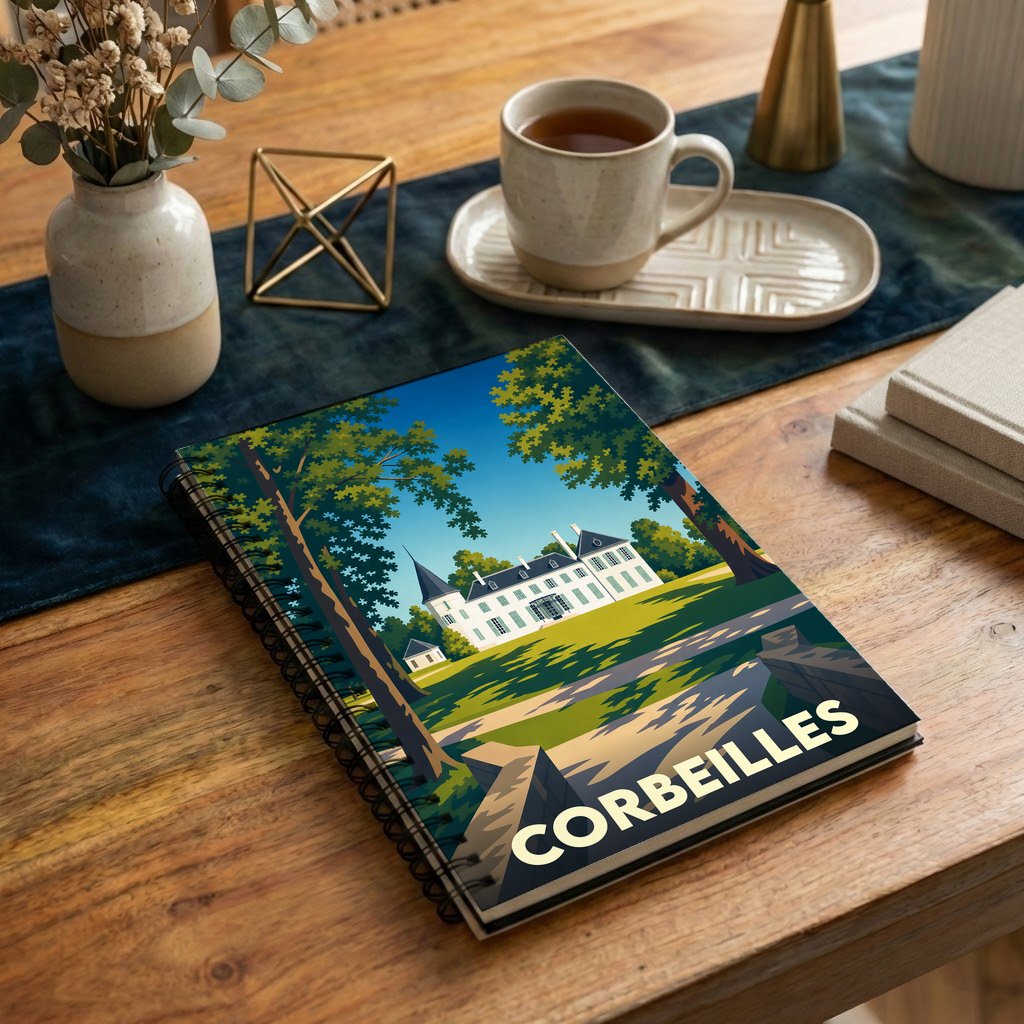 Carnet souvenir de la ville de Corbeilles avec une illustration stylisée d'un château.