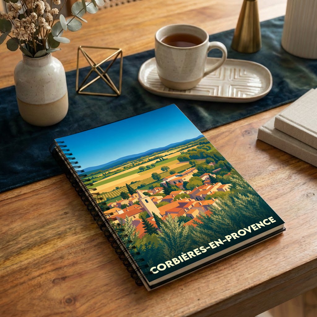 Carnet à spirale souvenir de Corbières-en-Provence avec une illustration stylisée d'un paysage provençal.