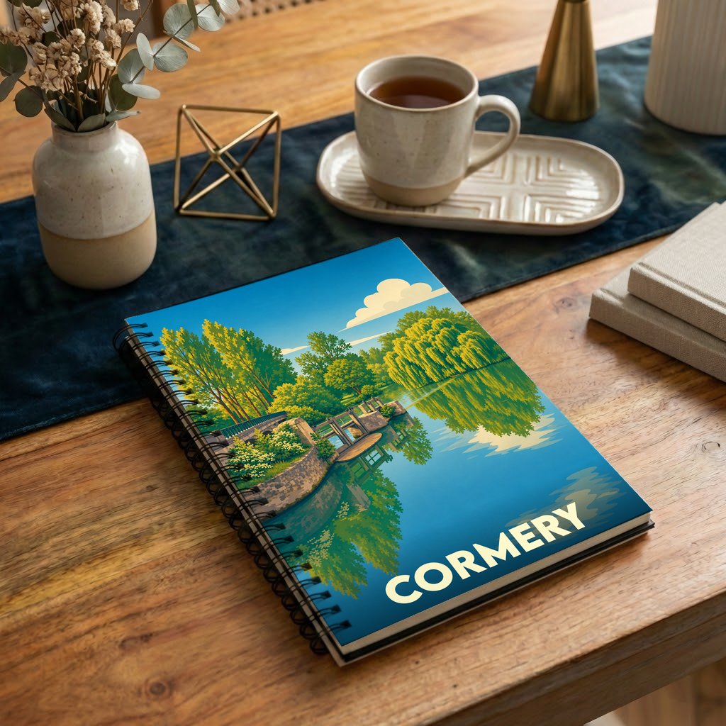 Carnet souvenir de la ville de Cormery illustré d'un paysage de rivière aux couleurs vives.