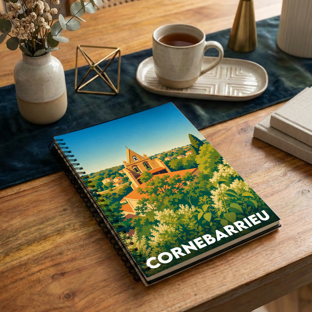 Carnet à spirales souvenir de la ville de Cornebarrieu avec une illustration stylisée d'un clocher entouré de verdure.