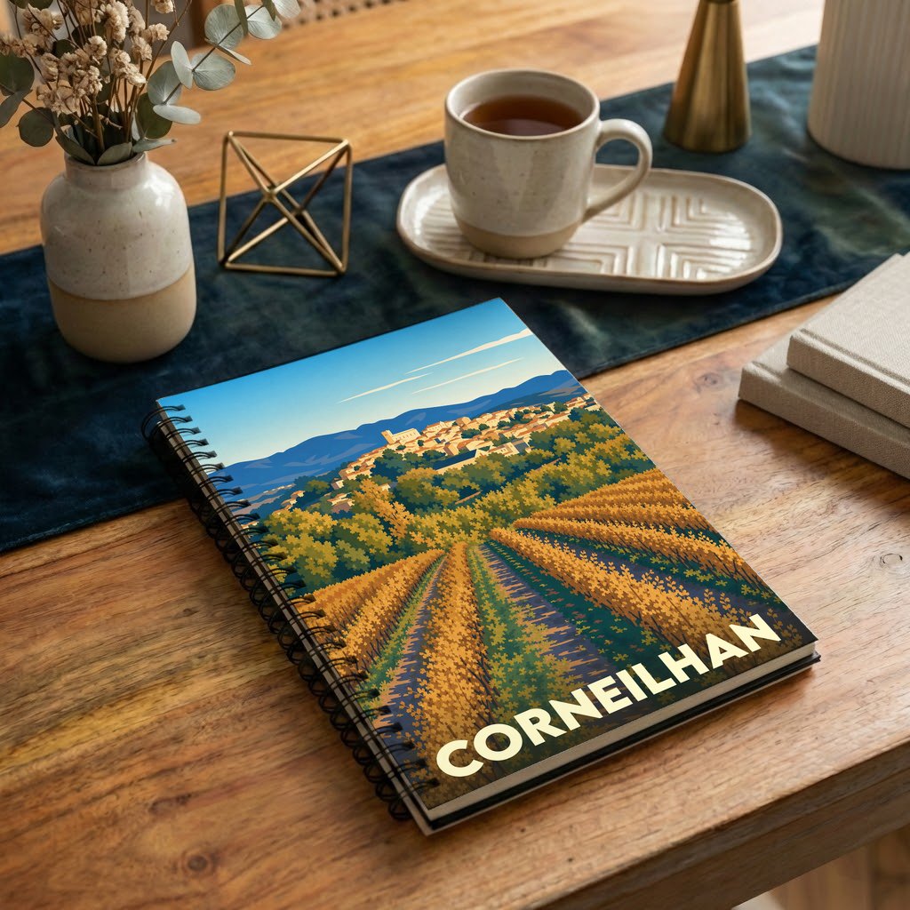 Carnet de notes souvenir de la ville de Corneilhan avec une illustration stylisée de ses paysages et vignobles.