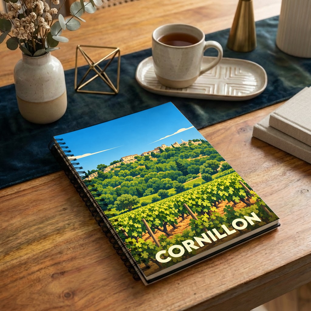 Carnet souvenir de la ville de Cornillon avec une illustration stylisée de son paysage et de ses vignobles.
