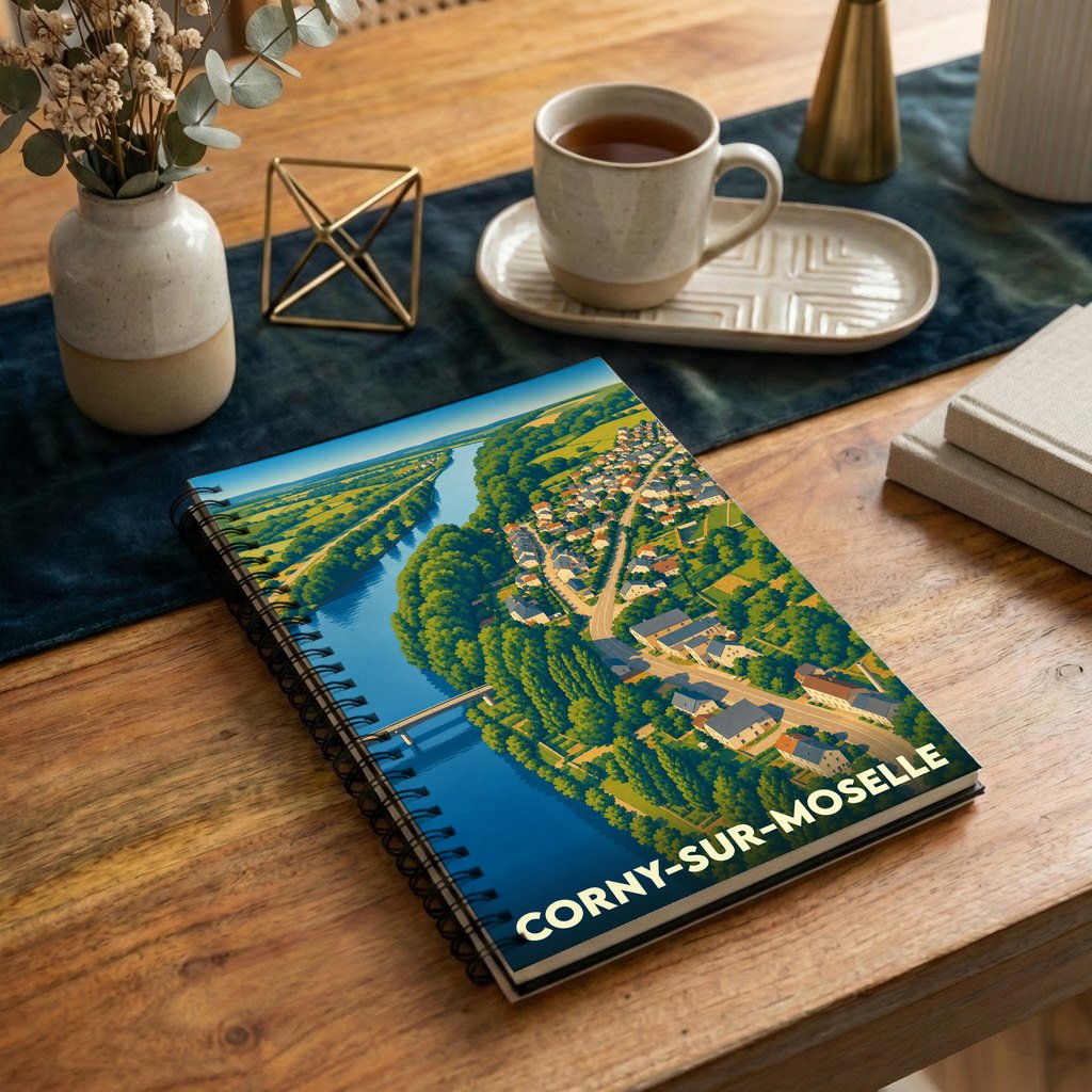 Carnet à spirales souvenir de la ville de Corny-sur-Moselle avec une illustration stylisée vue du ciel.