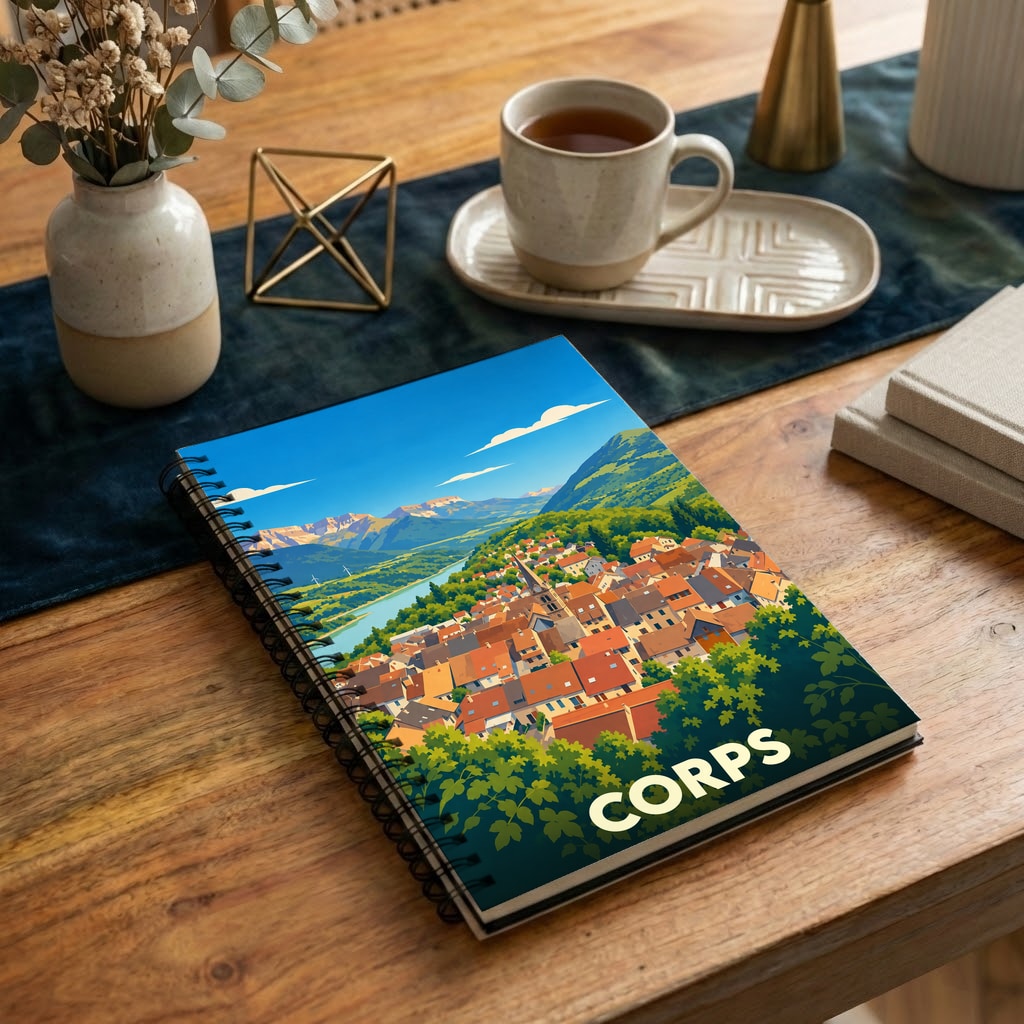 Carnet souvenir de la ville de Corps avec une illustration stylisée de ses paysages montagneux.