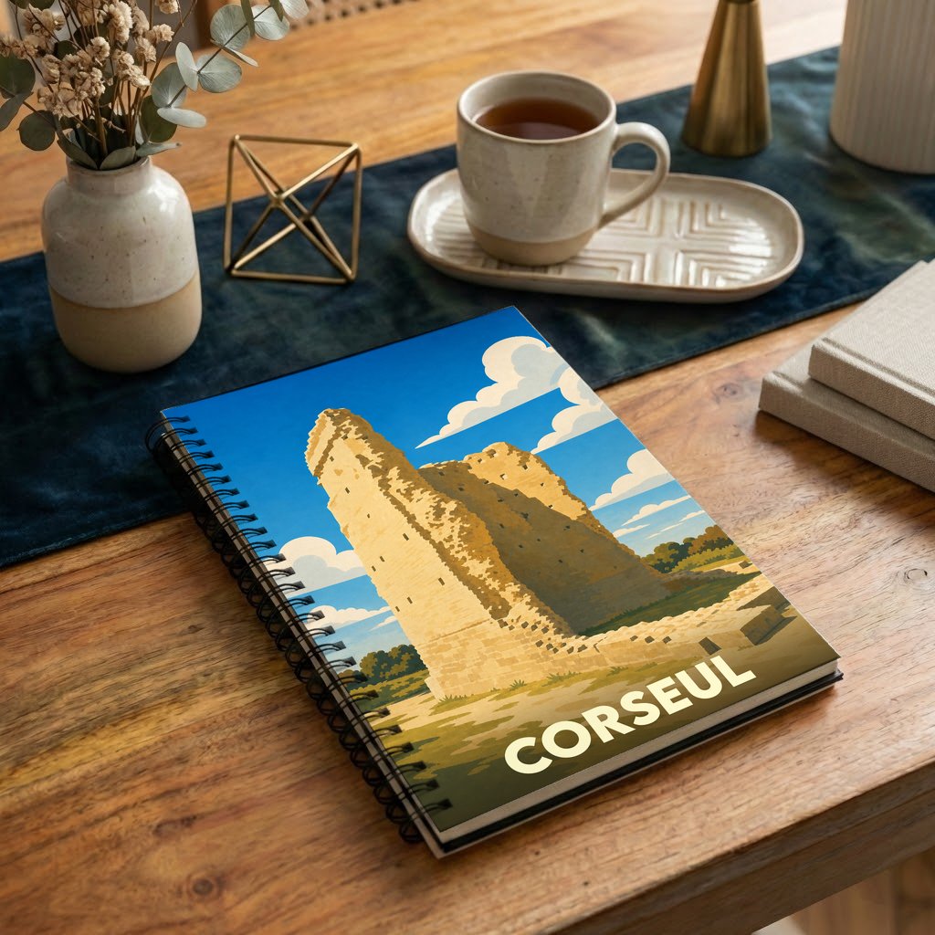 Carnet à spirales souvenir de la ville de Corseul avec une illustration stylisée des ruines du temple de Mars.