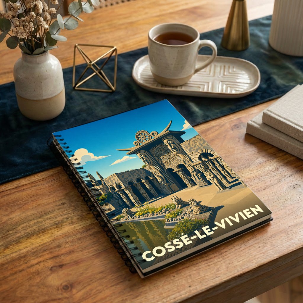 Carnet à spirales souvenir de la ville de Cossé-le-Vivien avec une illustration stylisée du Musée Robert Tatin.