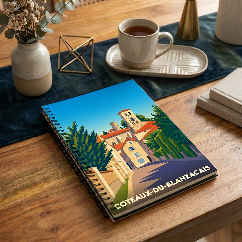 Carnet de notes à spirales souvenir de la ville de Coteaux-du-Blanzacais avec une illustration stylisée.