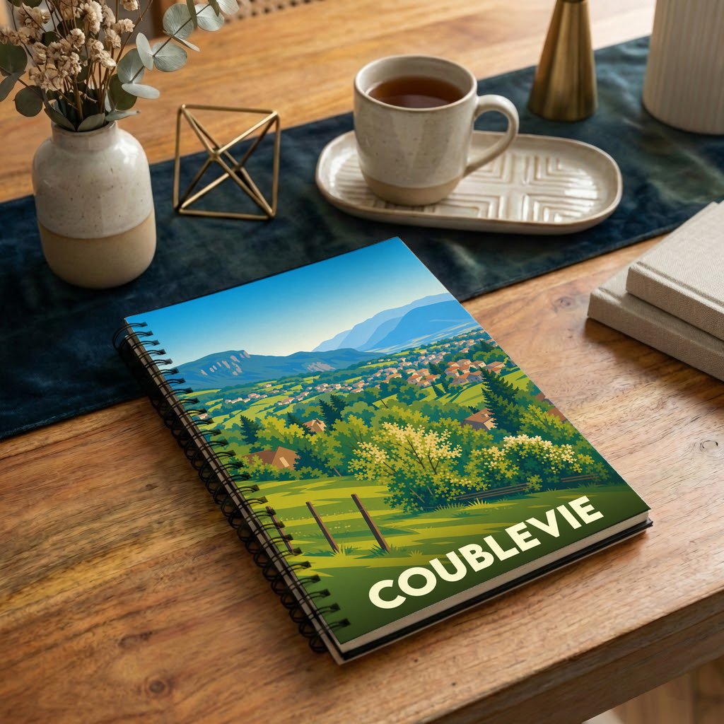 Carnet à spirale souvenir de la ville de Coublevie avec une illustration paysagère stylisée.