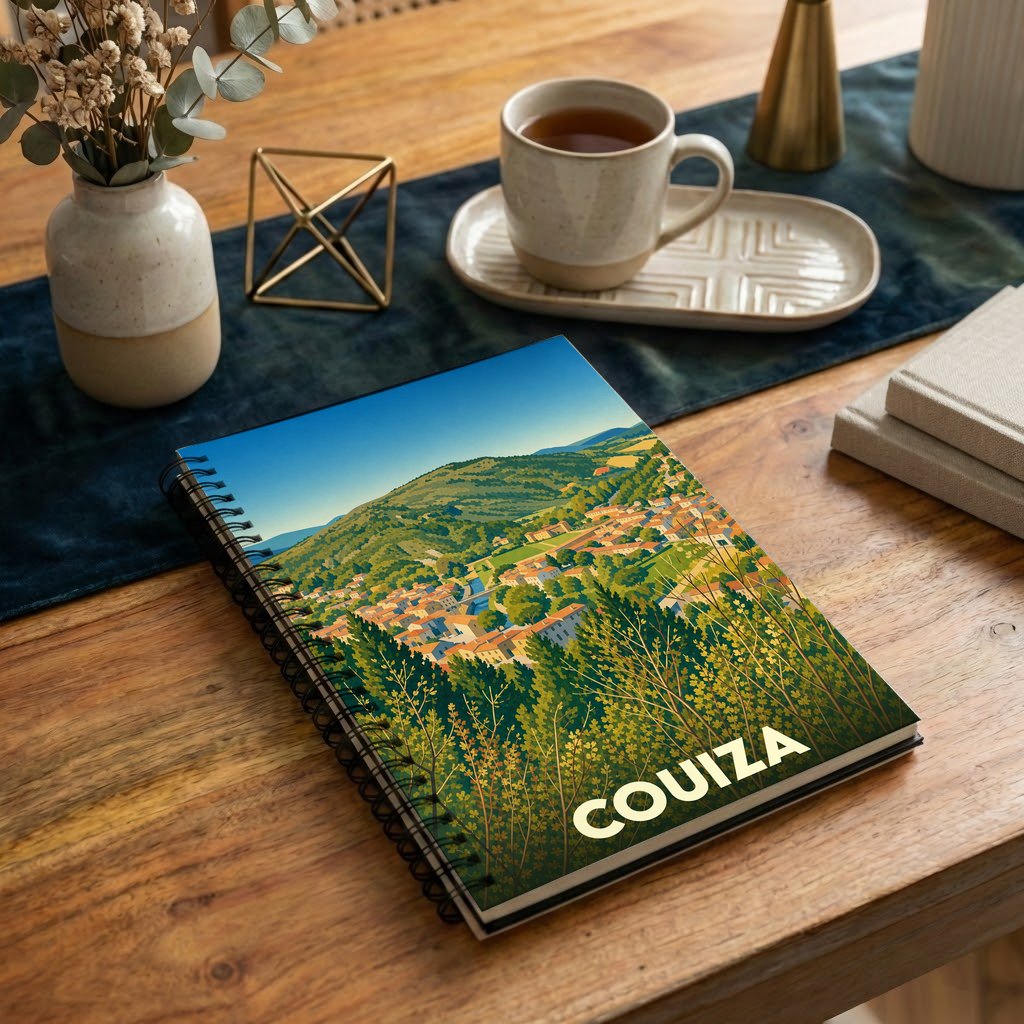 Carnet souvenir de la ville de Couiza avec une illustration paysagère stylisée.