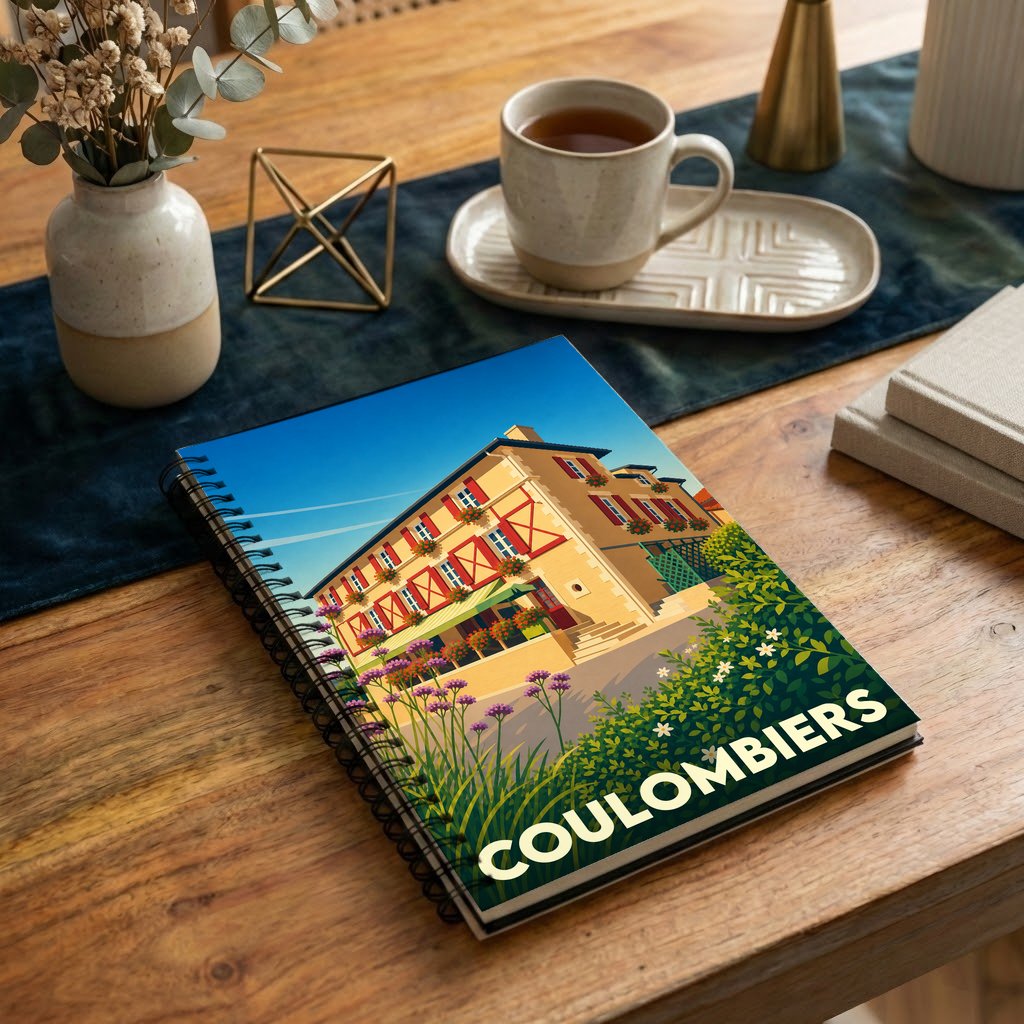 Carnet souvenir de la ville de Coulombiers avec une illustration colorée et stylisée de son architecture.