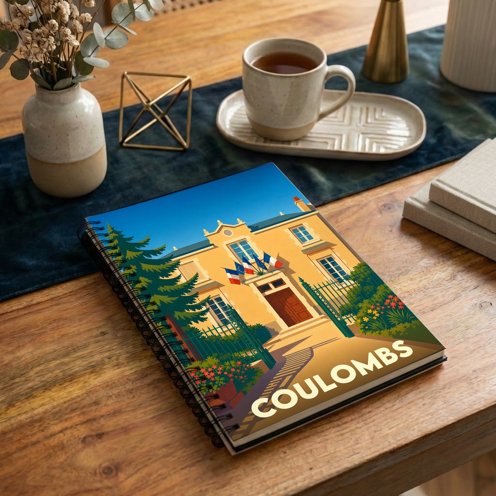 Carnet de notes souvenir de la ville de Coulombs avec une illustration stylisée d'un bâtiment officiel.
