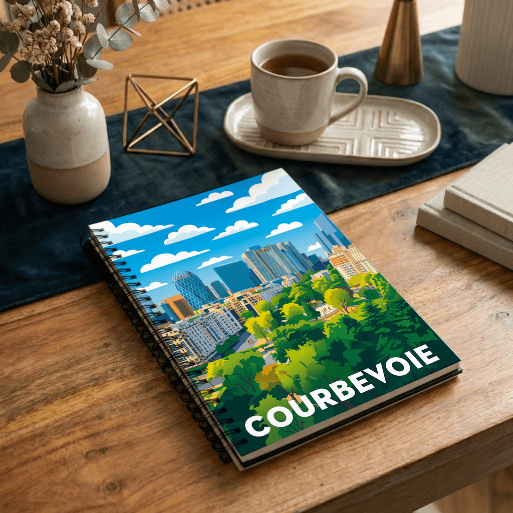 Carnet souvenir de la ville de Courbevoie avec une illustration stylisée de son paysage urbain.