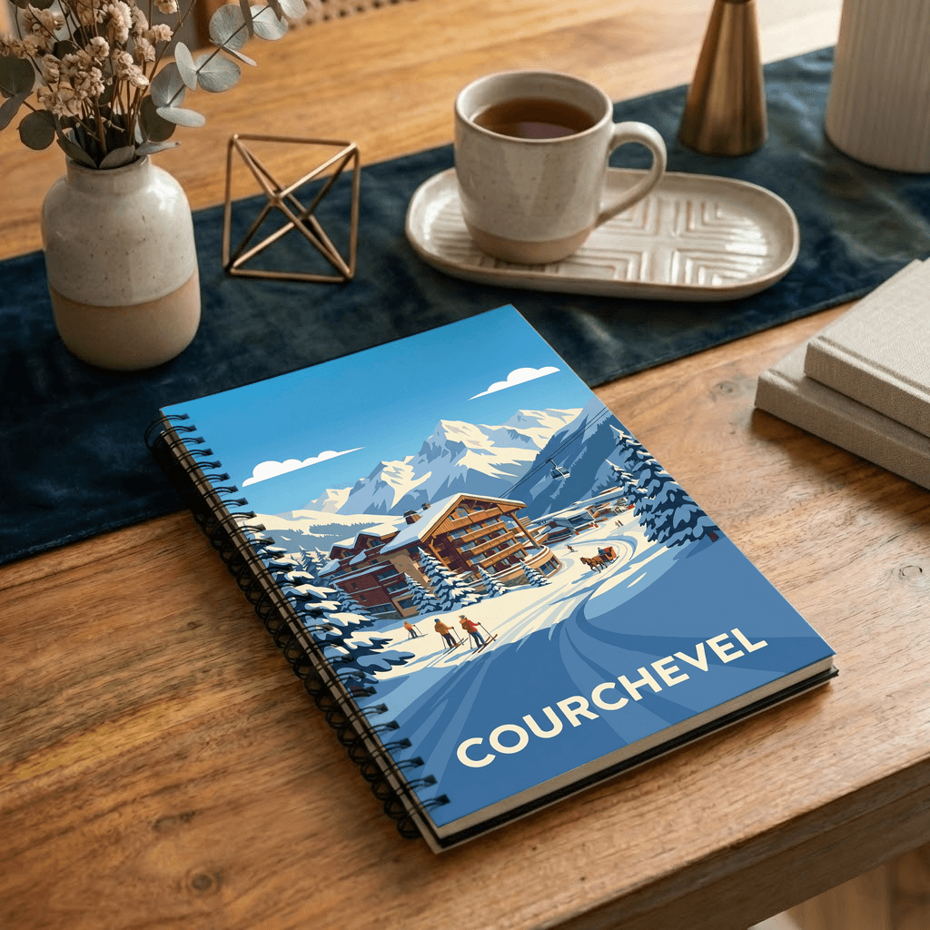Carnet souvenir de la ville de Courchevel avec une illustration de montagne stylisée.