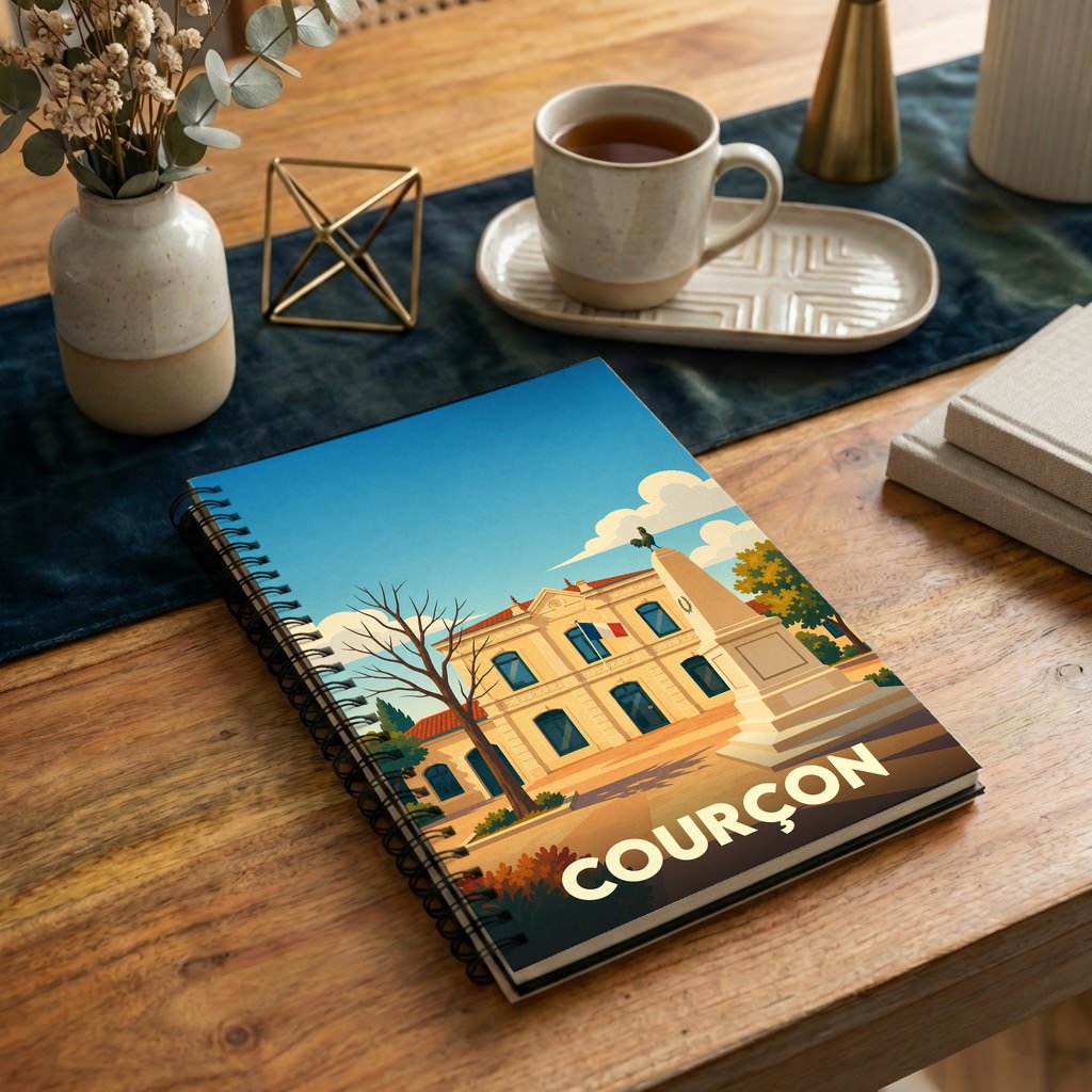 Carnet à spirales souvenir de la ville de Courçon avec une illustration stylisée de sa mairie et de son monument.