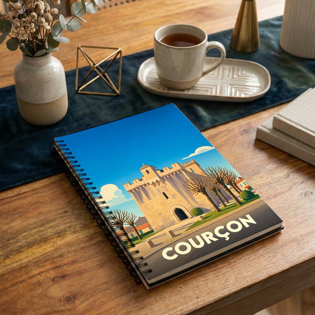 Carnet à spirales souvenir de la ville de Courçon avec une illustration stylisée de son église fortifiée.