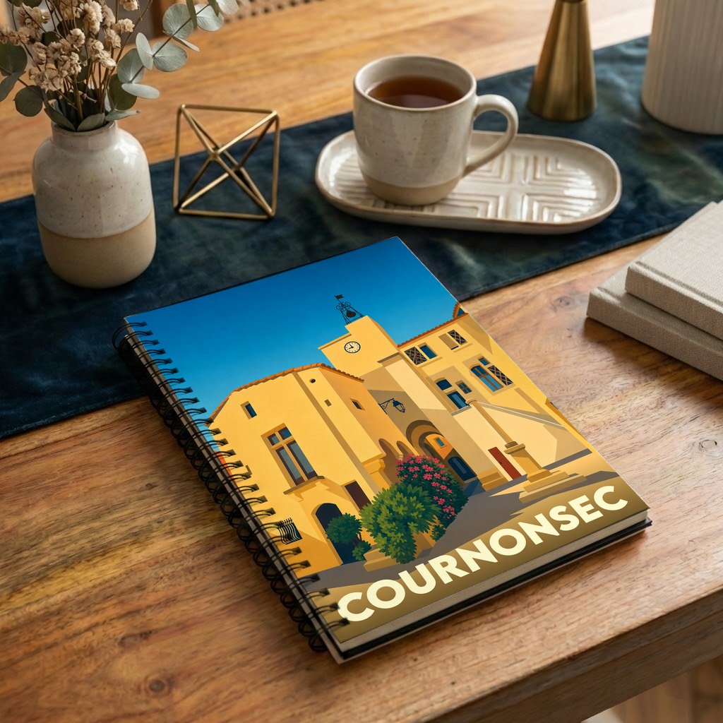 Carnet à spirales souvenir de la ville de Cournonsec avec une illustration stylisée.