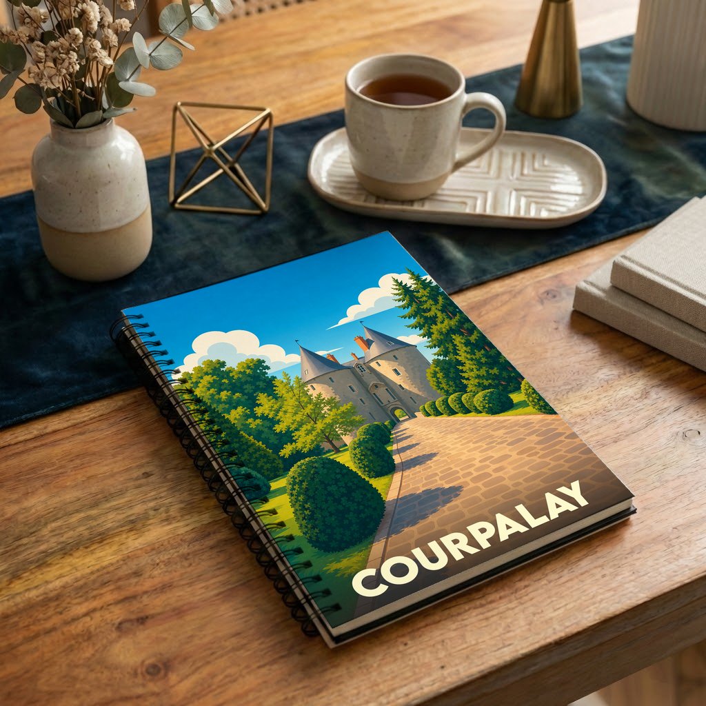 Carnet à spirales souvenir de la ville de Courpalay avec une illustration stylisée de son château.