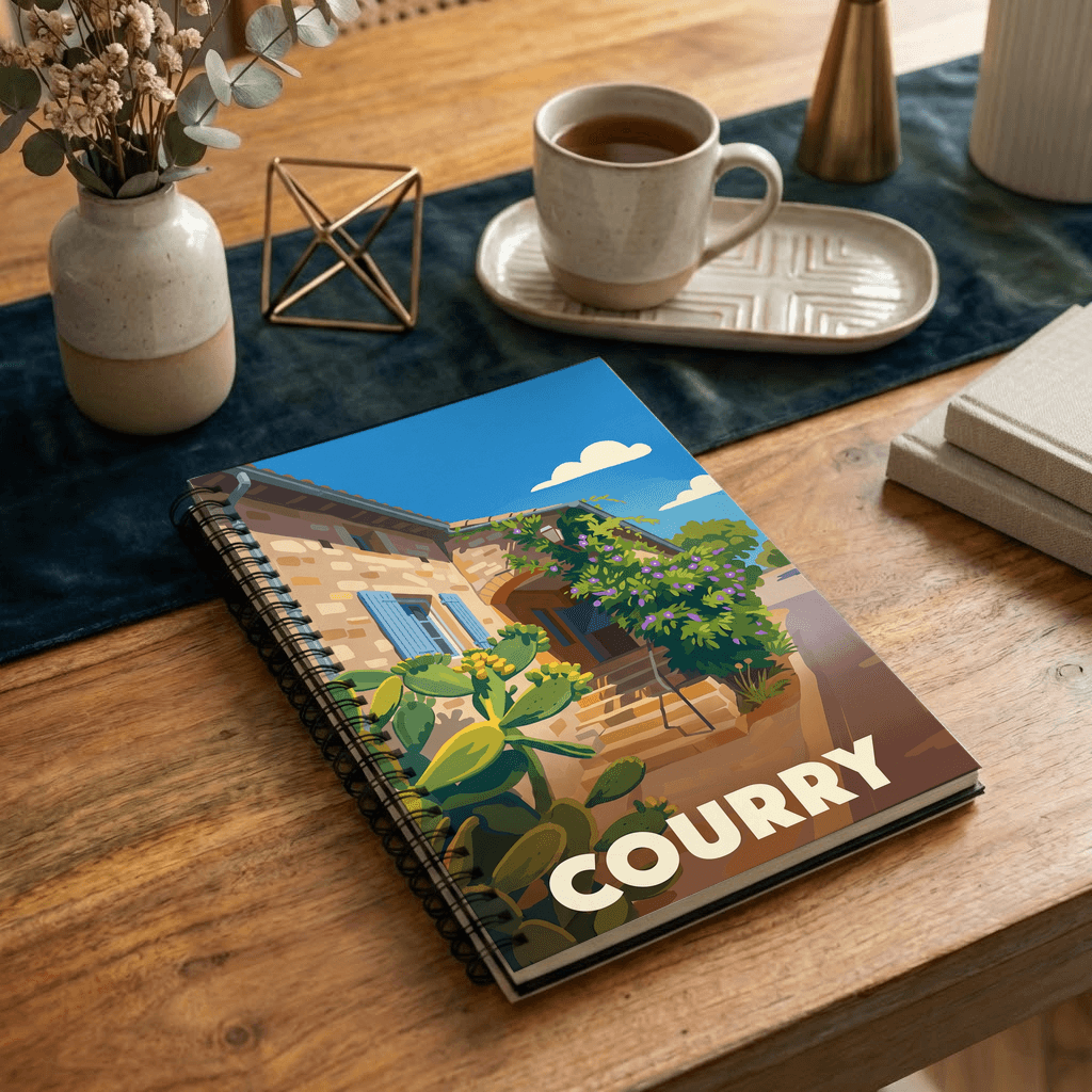 Carnet souvenir de la ville de Courry avec une illustration stylisée d'une maison en pierre.