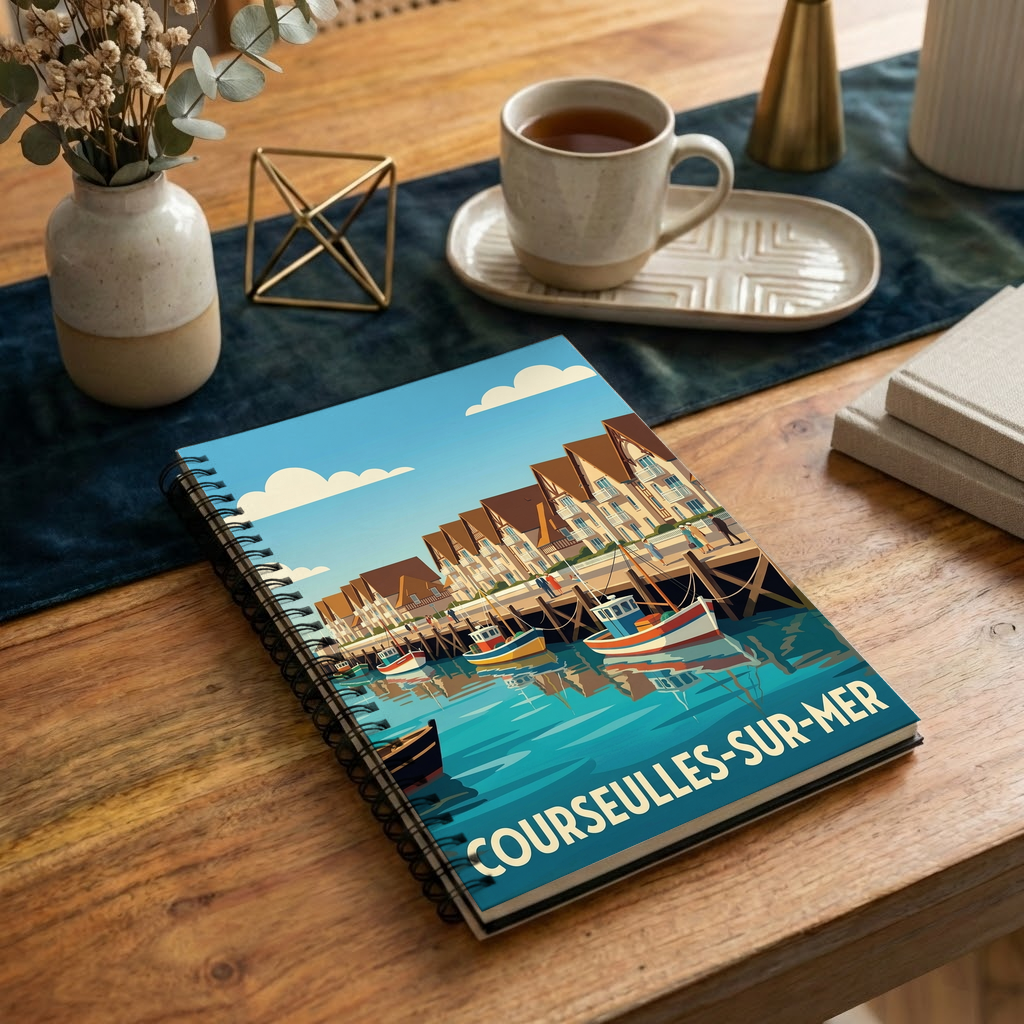 Carnet souvenir de la ville de Courseulles-sur-Mer avec une illustration stylisée.