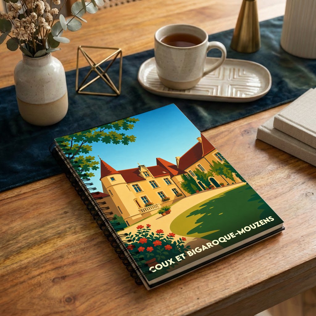 Carnet à spirales souvenir de la ville de Coux et Bigaroque-Mouzens illustré par un château stylisé.