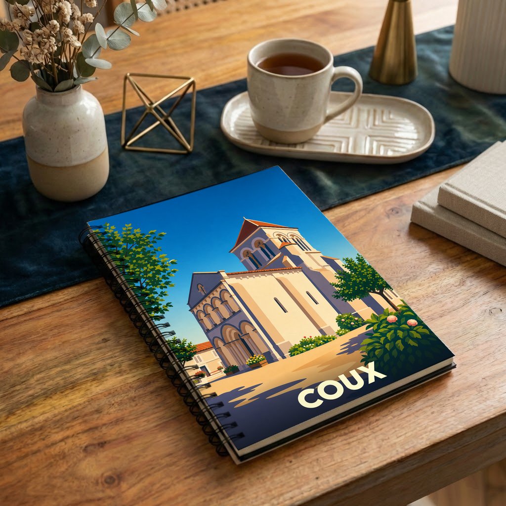 Carnet à spirale souvenir de la ville de Coux avec une illustration stylisée d'un bâtiment historique.