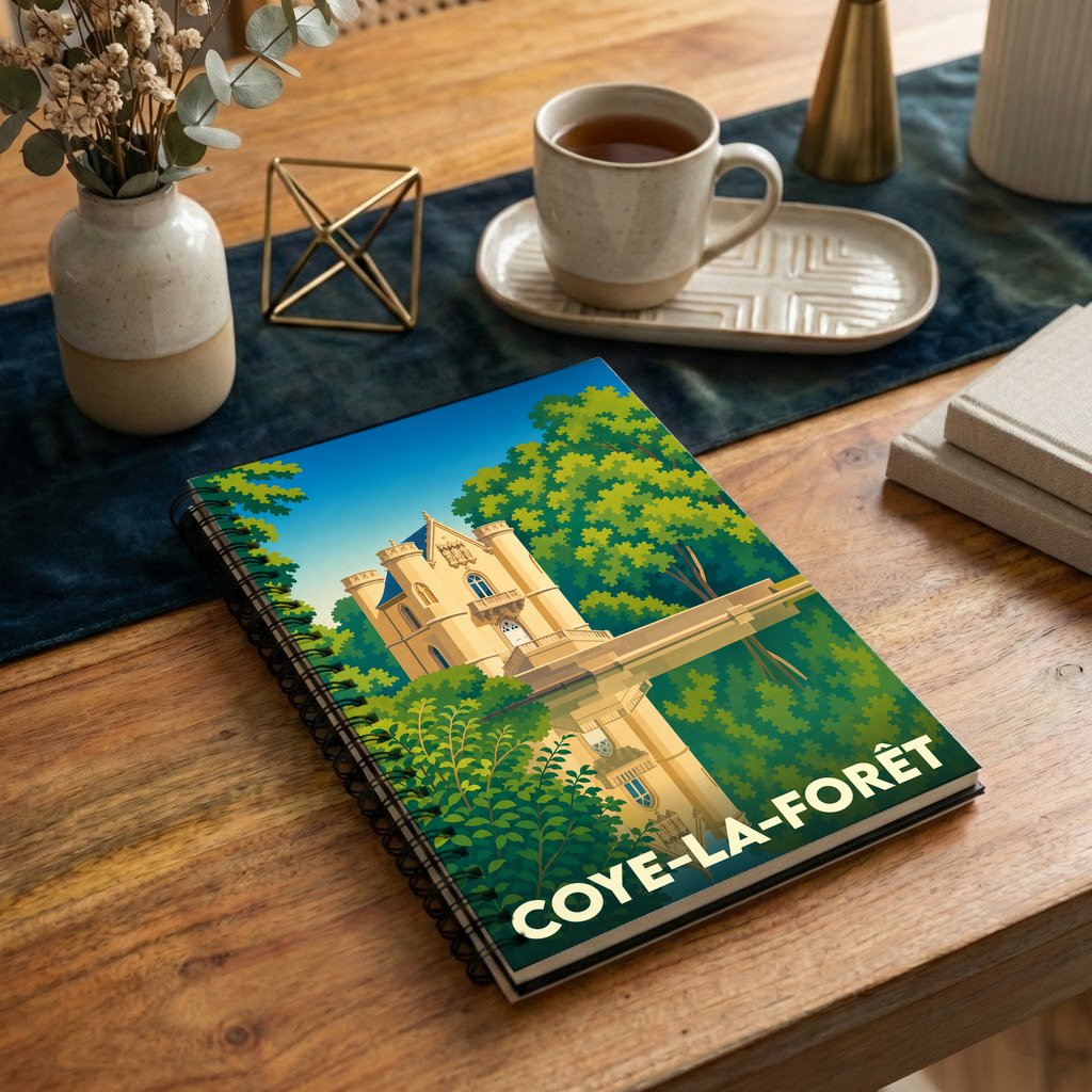 Carnet à spirales souvenir de la ville de Coye-la-Forêt avec une illustration stylisée de son château.