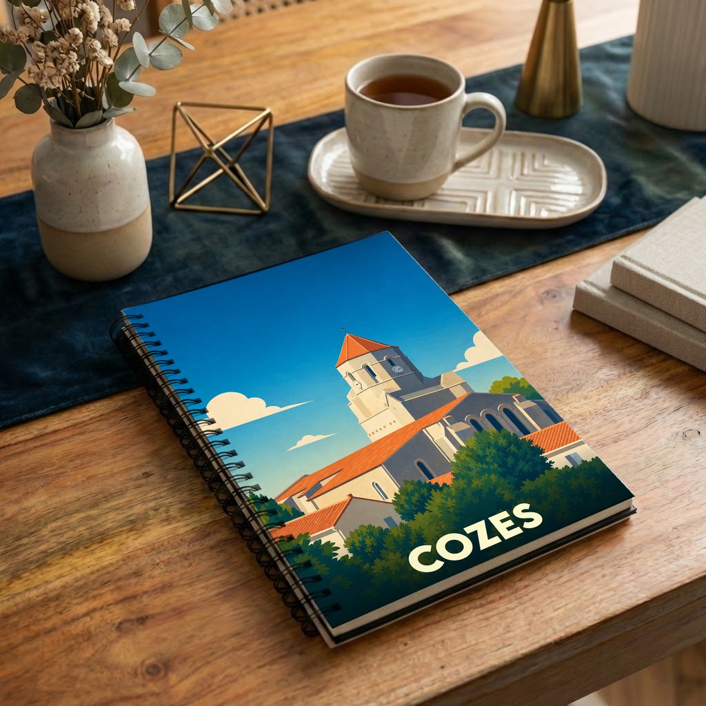 Carnet à spirales souvenir de la ville de Cozes avec une illustration stylisée de son église.