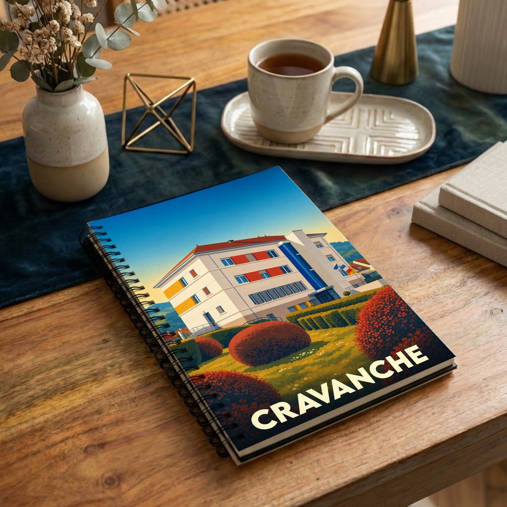Carnet à spirales souvenir de la ville de Cravanche avec une illustration stylisée.