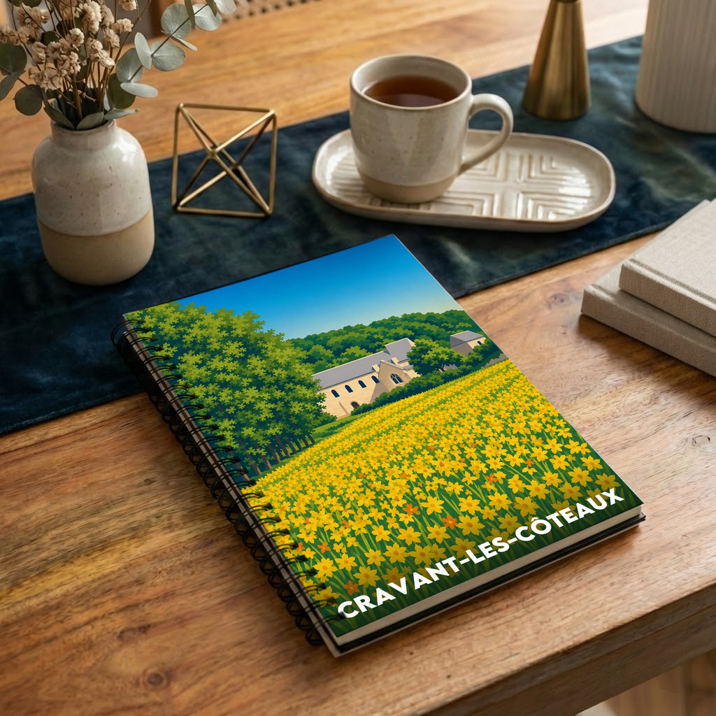 Carnet souvenir de la ville de Cravant-les-Côteaux avec une illustration stylisée d'un champ de fleurs jaunes.