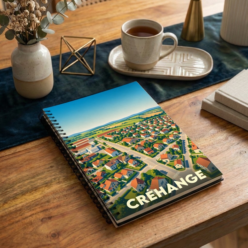 Carnet à spirales souvenir de la ville de Créhange avec une illustration aérienne stylisée.