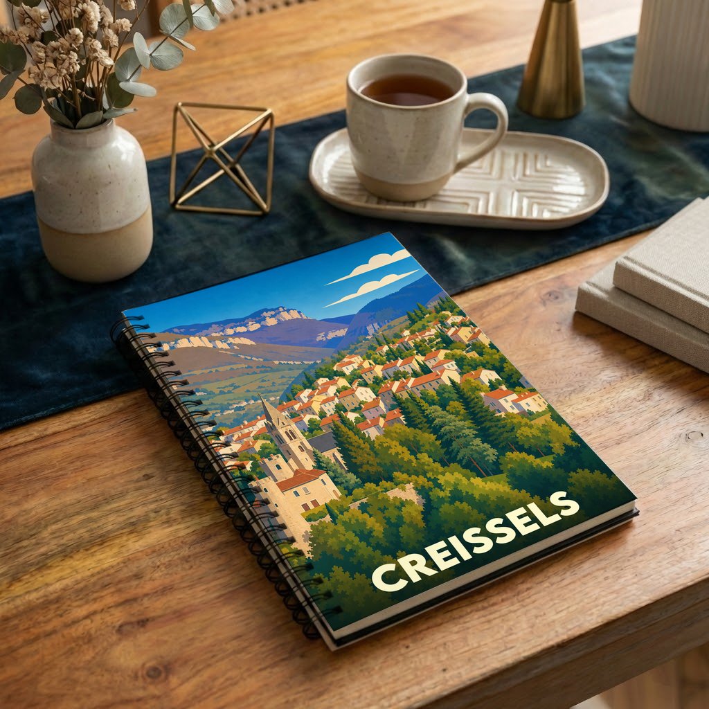 Carnet souvenir de la ville de Creissels avec une illustration stylisée.