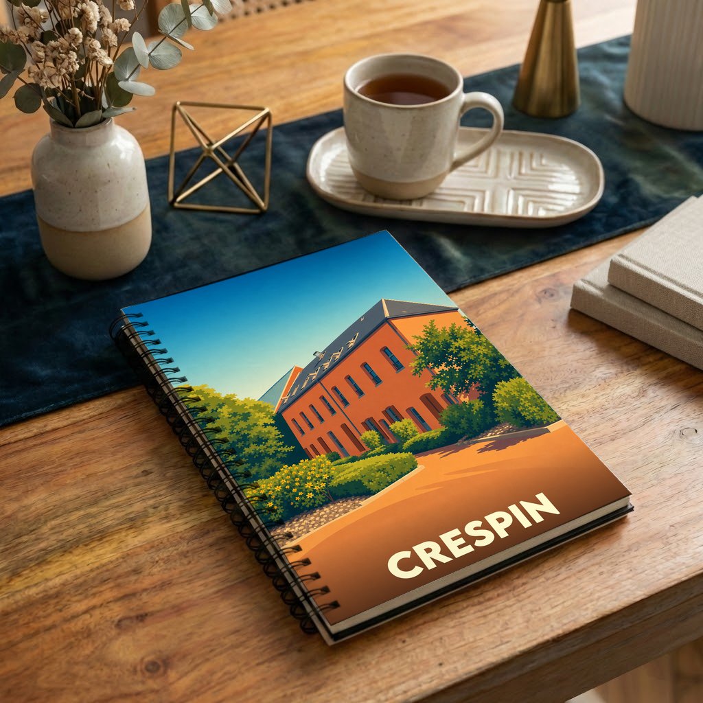 Carnet à spirales souvenir de la ville de Crespin avec une illustration stylisée et colorée.