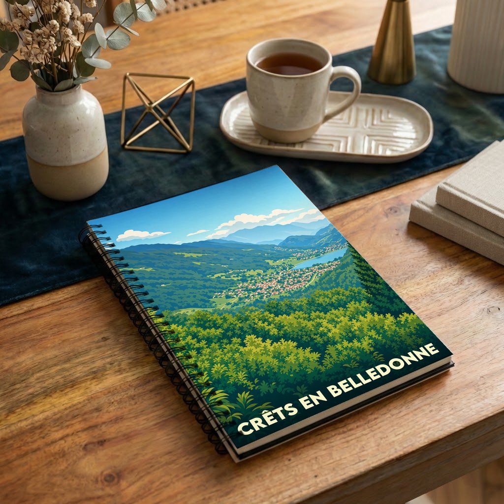 Carnet souvenir de la ville de Crêts en Belledonne avec une illustration stylisée de ses paysages montagneux.