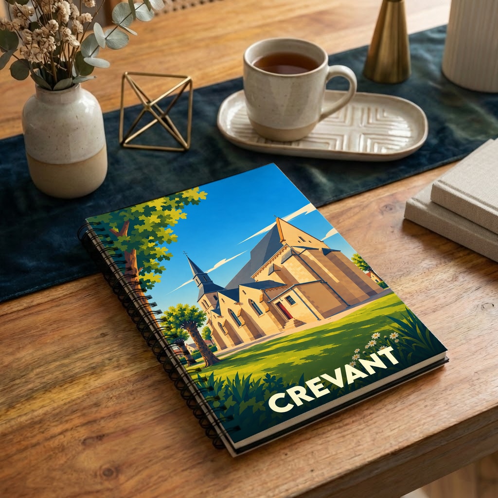 Carnet de notes à spirales souvenir de la ville de Crevant avec une illustration stylisée de son église.