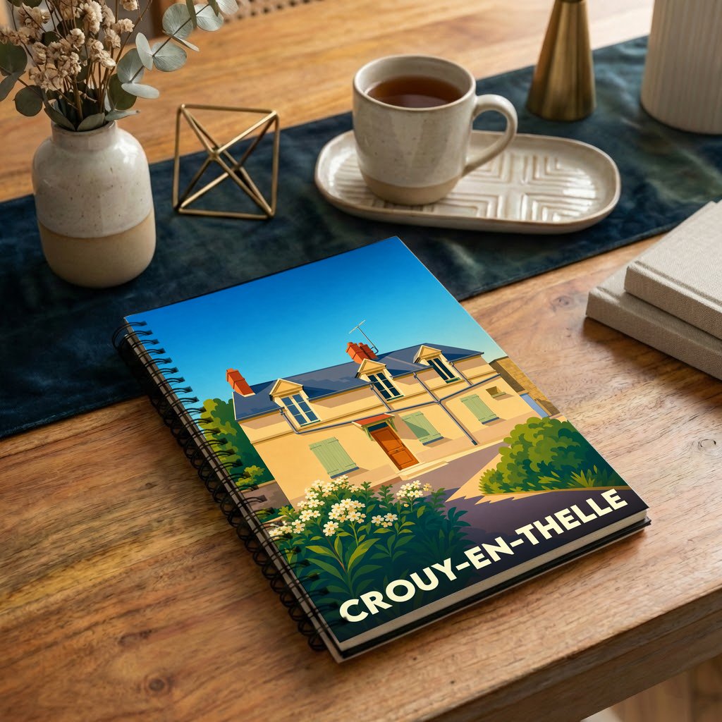 Carnet à spirales souvenir de la ville de Crouy-en-Thelle avec une illustration stylisée d'une maison traditionnelle.