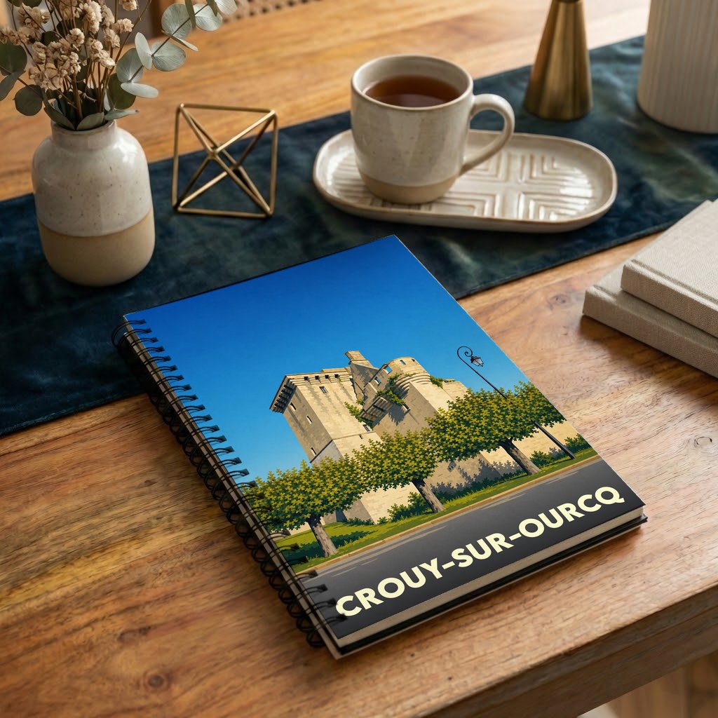 Carnet à spirales souvenir de la ville de Crouy-sur-Ourcq avec une illustration stylisée de son patrimoine.