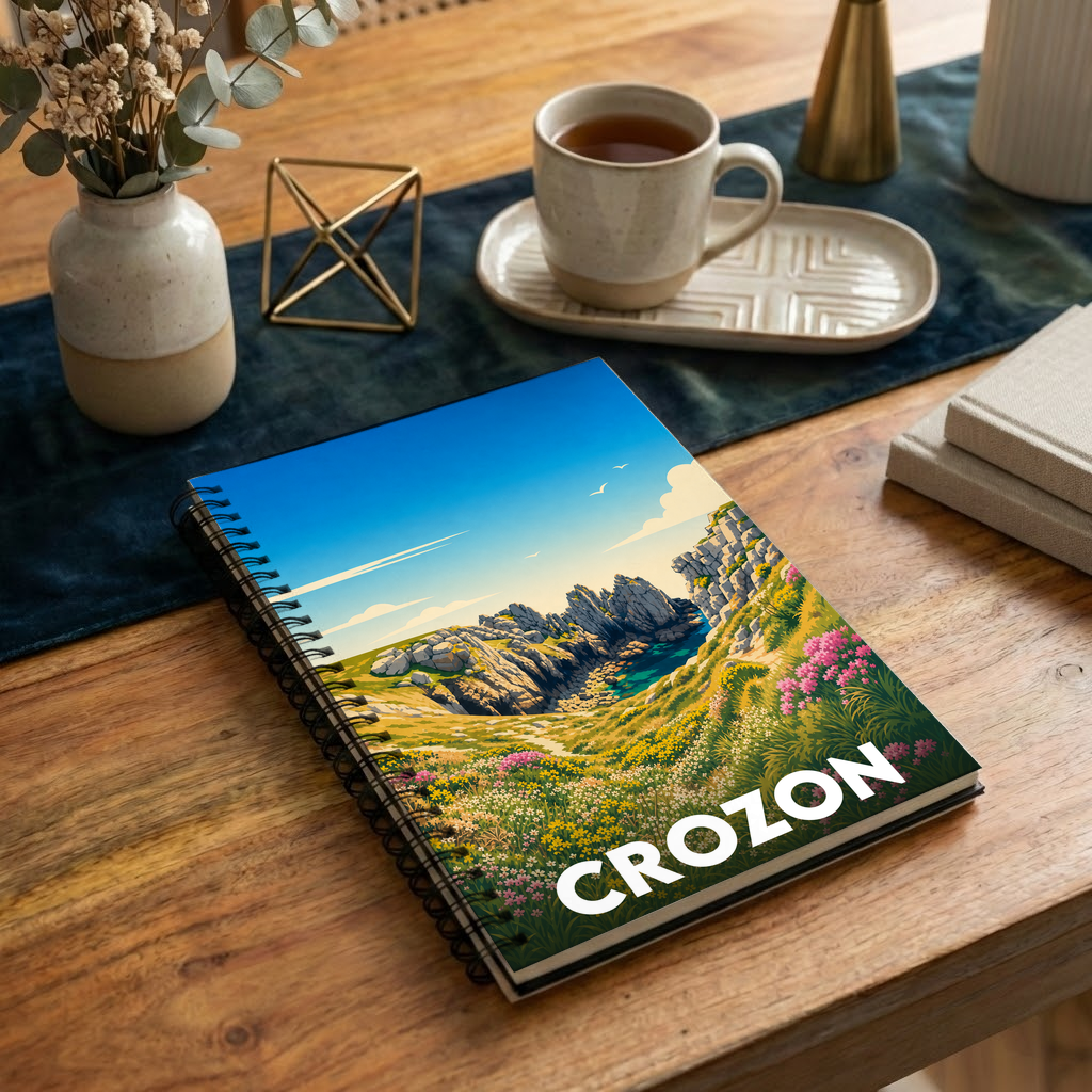 Carnet de notes à spirale souvenir de la ville de Crozon illustré par un paysage côtier coloré.