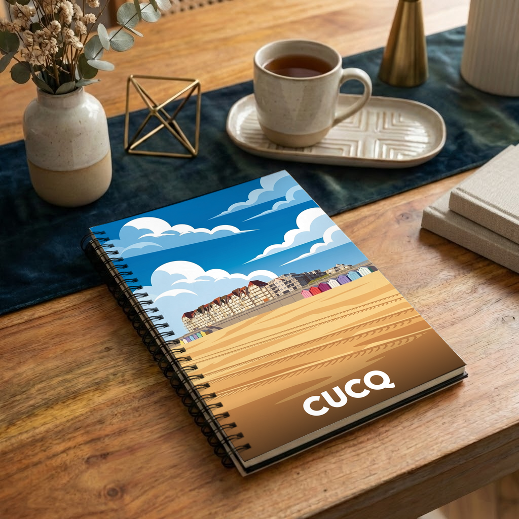 Carnet souvenir de la ville de Cucq avec une illustration stylisée de sa plage.