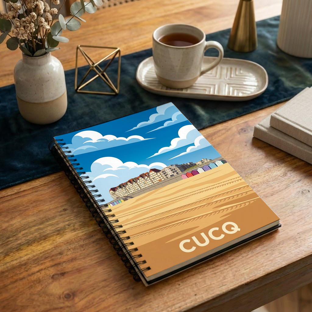 Carnet souvenir de la ville de Cucq avec une illustration stylisée de sa plage.