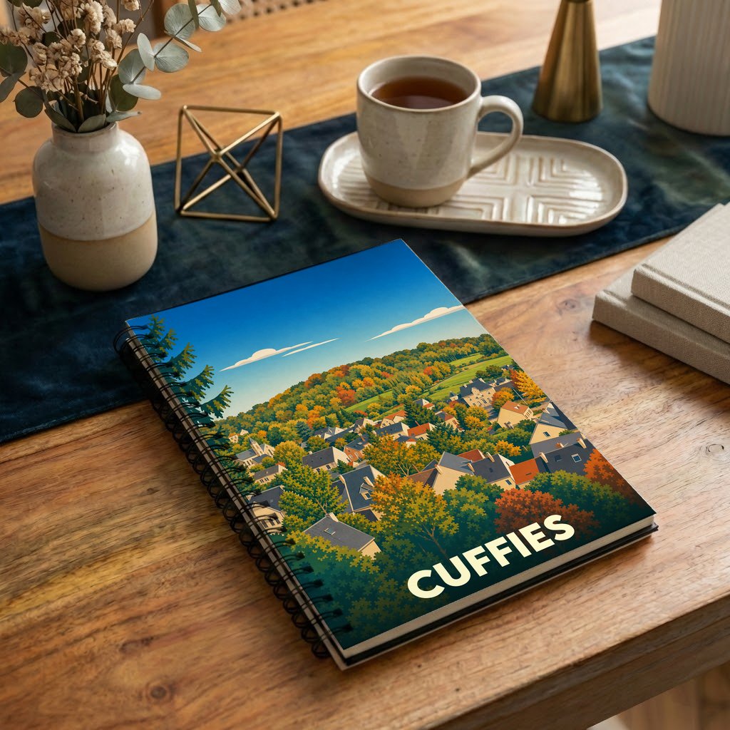Carnet à spirales souvenir de la ville de Cuffies avec une illustration stylisée d'un paysage urbain automnal.