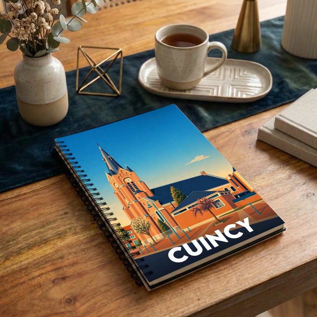 Carnet à spirales souvenir de la ville de Cuincy avec une illustration stylisée de son église sous un ciel bleu.